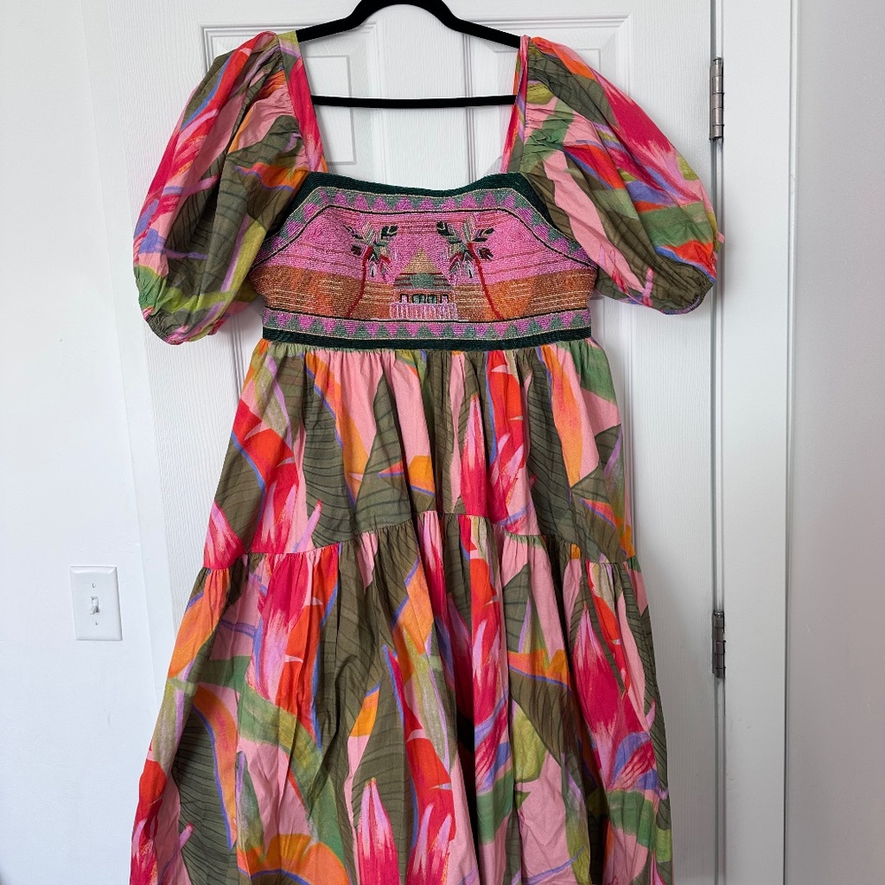 FARM Rio Multicolor Puff-Sleeve Midi Dress — Pink, Green, Orange - Picture 1 of 6
